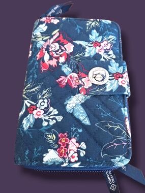 Vera Bradley Navy Floral Quilted Wallet with Pink & Light Blue Flowers